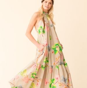 Tibi "Linnea Floral Print Poplin Halter Midi Dress